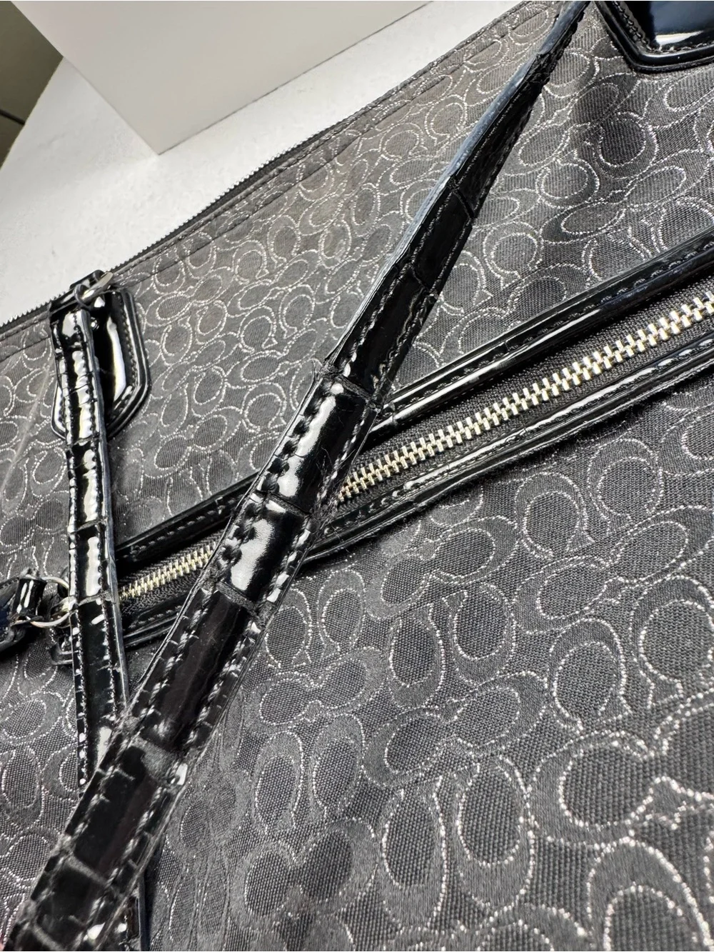 Y2K Coach poppy Black Signature Canvas Tote with Patent Trim
